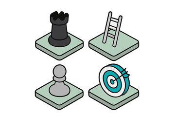 Chess Pieces and Ladder Target Icons, Minimalist flat design