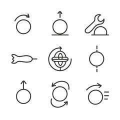 Physics Spin Icons. Outline icon set of physics of spin: angular momentum, rotational velocity, torque, centrifugal force,