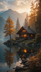 Fototapeta premium Serene autumn evening at a tranquil lakeside cabin, nestled amongst vibrant fall foliage with a warm sunset glow reflecting on the still water.