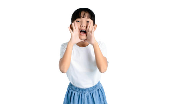 A young girl is screaming or shouting, possibly calling out for something, shown on PNG - Powered by Adobe