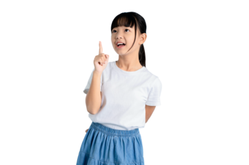 A young girl pointing her index finger upward. The girl has a look of realization or inspiration on PNG 