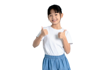 A young girl shows thumbs up gesture with a happy expression. It's a simple, joyful gesture, symbolizing approval or agreement on PNG 