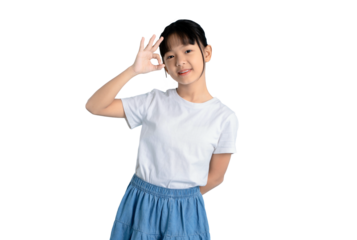 A young girl giving the okay hand gesture, smiling confidently at the camera on PNG 