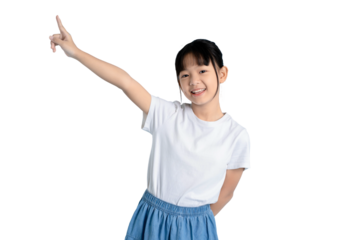 A happy young girl pointing upward in a portrait with a friendly expression 