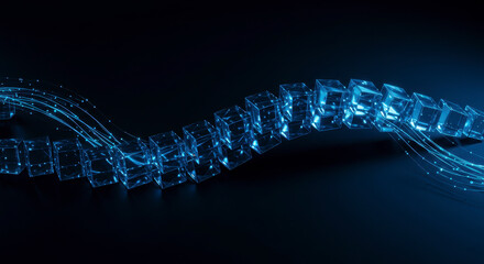 Abstract Blue Light Particles Forming a Wavy DNA Strand Structure on a Dark Background