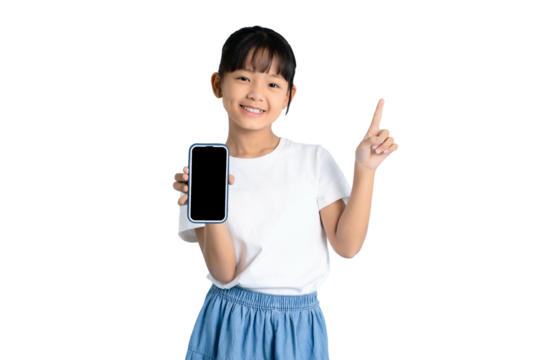 A young girl happily holding a smartphone with a blank screen and pointing with her finger on PNG 