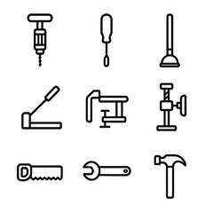 Obraz premium Push Tools Icons. Outline icon set of push tools: push drill, push screwdriver, push plunger, push lever, push clamp, push jack,