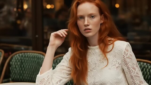Redhead woman cafe Paris portrait.
