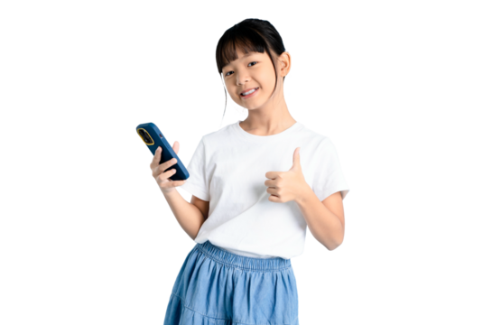A young girl holding a smartphone and giving a thumbs-up, expressing positivity and approval on PNG 
