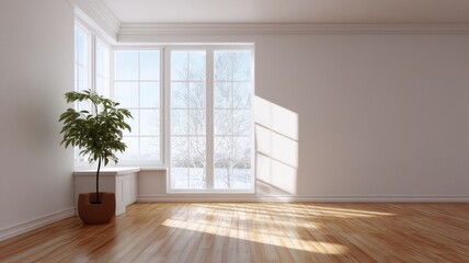 Obraz premium Sunlit minimalist room with panoramic windows. Artificial intelligence image