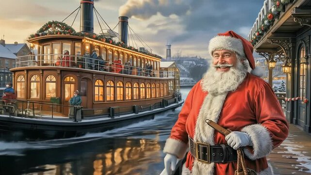 A cheerful Santa Claus waves goodbye from a snowy dock as a festive vintage steamboat sails along a canal in a charming winter town