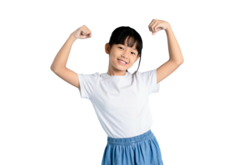 A young girl confidently flexes her biceps, showcasing her strength and positivity. The girl is smiling, radiating health and a happy, confident attitude on PNG 