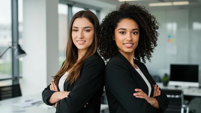 Two diverse professional women smiling confidently with arms crossed in a modern office setting, symbolizing teamwork and success
