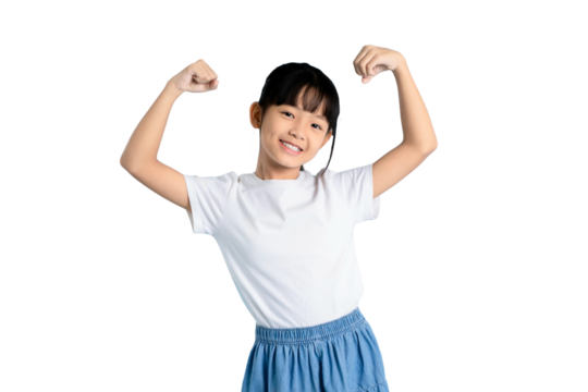 A young girl confidently flexes her biceps, showcasing her strength and positivity. The girl is smiling, radiating health and a happy, confident attitude on PNG 