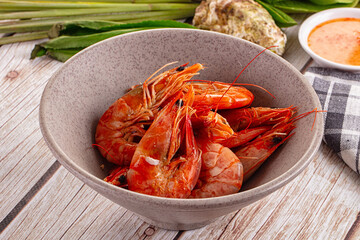 Delicous boiled tiger prawn with sauce