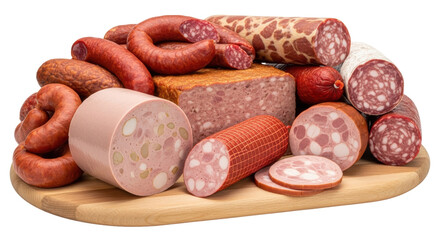 Isolated assortment of sausages on wooden board
