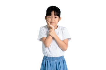 A young girl looking thoughtful, with her hand resting on her chin. This image is captured on PNG 