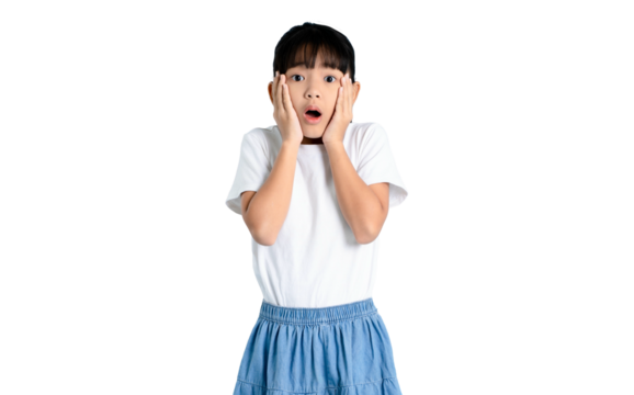 An astonished little girl expresses surprise with her hands on her cheeks on PNG 