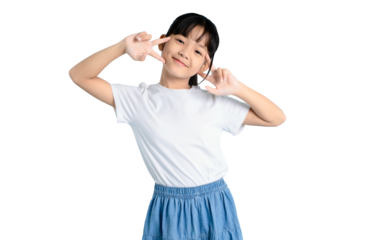 A young girl making a peace sign with both hands, smiling confidently on PNG 