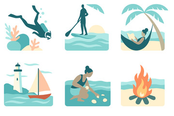 Summer activities at the beach featuring diverse leisure styles