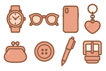 Rose Gold Accessories. Flat vector mini-illustrations rose gold accessories in colors children's illustrations: rose gold watch,