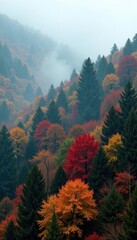 Dense fog shrouds colorful autumn trees, creating a haunting scene, calm, detail