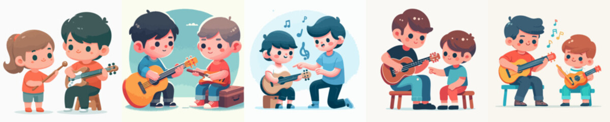 Cartoon Illustration of Guitar Lesson with Father and Son in Harmony