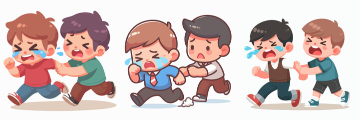 Cute Cartoon Boy Pulling Friend Illustration with Tears Emotion Concept