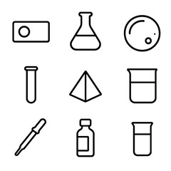 Scientific Tool Icons. Outline icon set of transparent scientific tools: microscope slide, glass flask, petri dish, test tube,