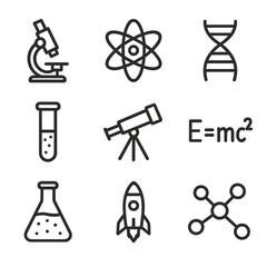 Obraz premium Scientific Icons Set. Outline icon set of scientific revolution: microscope, atom, DNA helix, test tube, telescope, formula, lab