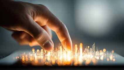 Hand touches digital city