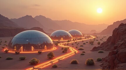 Futuristic Desert Domes with Glowing Pathway at Sunset