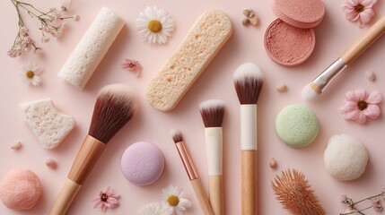 Flat lay of makeup brushes, sponges, powder compacts and delicate flowers on a soft pink background.