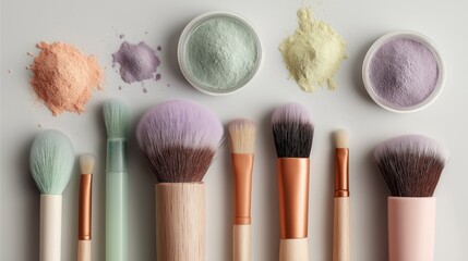Flat-lay of pastel-toned makeup brushes and matching loose cosmetic powders arranged neatly on a neutral background.