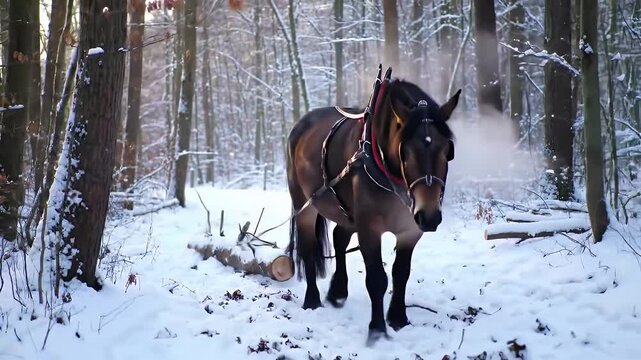 Horse Pulling Log Through Snowy Forest, Winter Scene