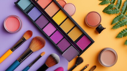 Flat lay of colorful makeup: an eyeshadow palette, assorted brushes, blush pots and loose powder arranged on split purple and yellow background with a fern accent.