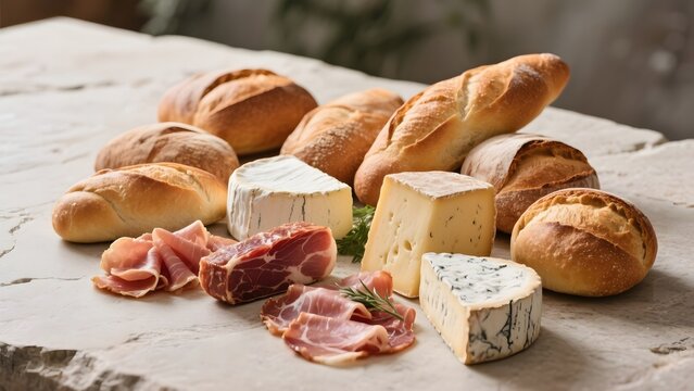 Assorted breads, cheeses, and cured meats arranged on a rustic stone surface