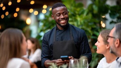 Smiling Waiter Taking Order from a Group of Happy Restaurant Patrons