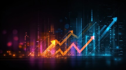 Neon-lit digital financial dashboard with colorful rising line and arrow charts, glowing bars and data points representing market growth and analytics.