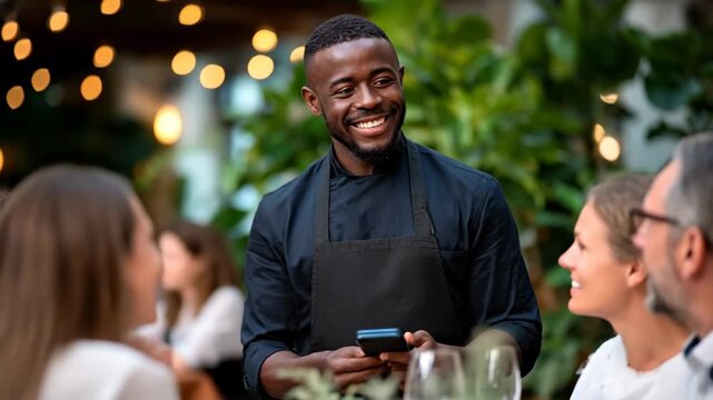 Smiling Waiter Taking Order from a Group of Happy Restaurant Patrons