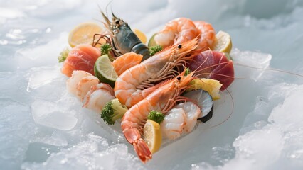 Fresh Seafood Platter with Shrimp, Lobster, and Scallops on Ice