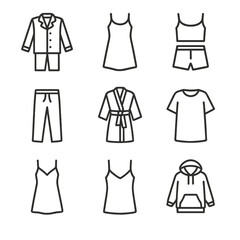 Sleepwear Icons Collection. Outline icon set of sleepwear styles: button-up pajama, nightgown, tank top and shorts set, sleep