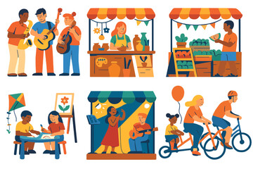 Fototapeta premium Vibrant marketplace with musicians and artisans showcasing talents