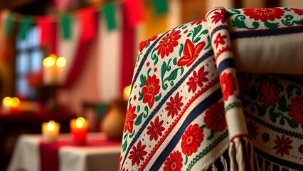 Traditional embroidered serape draped over wooden chair, candlelight reflecting on patterns, blurred fiesta decorations.