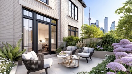 Naklejka premium Elegant outdoor patio featuring comfortable seating with a stunning city view and beautiful landscaping.