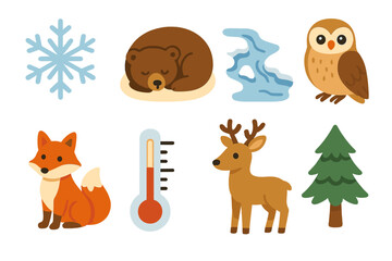 Winter Icons Grid. Flat vector mini-illustrations Late winter impacts in colors children's illustrations: