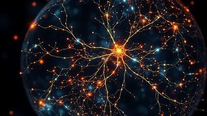 Microscopic neural networks forming glowing memory patterns within a translucent cell membrane.