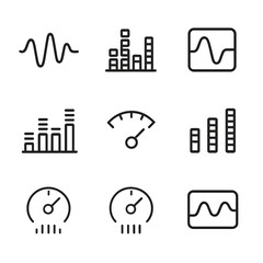 Sound Visualization Icons. Outline icon set of sound visualization: waveform, spectrum analyzer, oscillograph, peak hold, decibel
