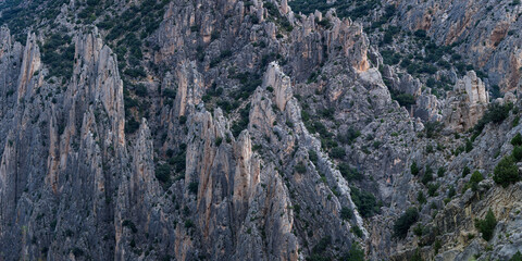 View of the Montoro Organs natural monument in the municipalities of Villarluengo and Ejulve. Maestrazgo and Andorra-Sierra de Arco regions. Aragon. Spain. Europe.