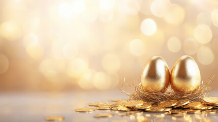 Golden eggs symbolizing financial growth and investment in a beautiful, blurred background.